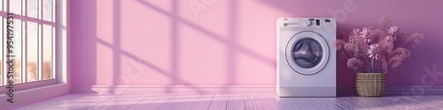 Banner for tech store, design studio, blog. Washing machine on pink background photo