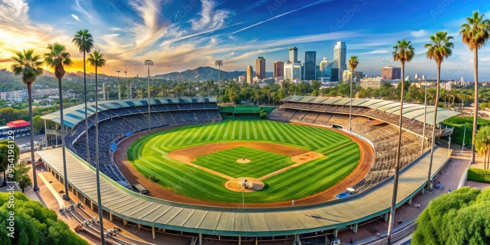 Panoramic view of a sun-drenched baseball stadium in Los Angeles, California, showcasing lush green grass, iconic scoreboard, and majestic palm trees surrounding the field. Panoramic view of a sun-drenched baseball stadium in Los Angeles, California, showcasing lush green grass, iconic scoreboard, and majestic palm trees surrounding the field.