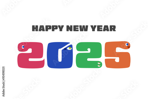 蛇の数字のかわいい年賀状　2025年巳年　白背景　横型