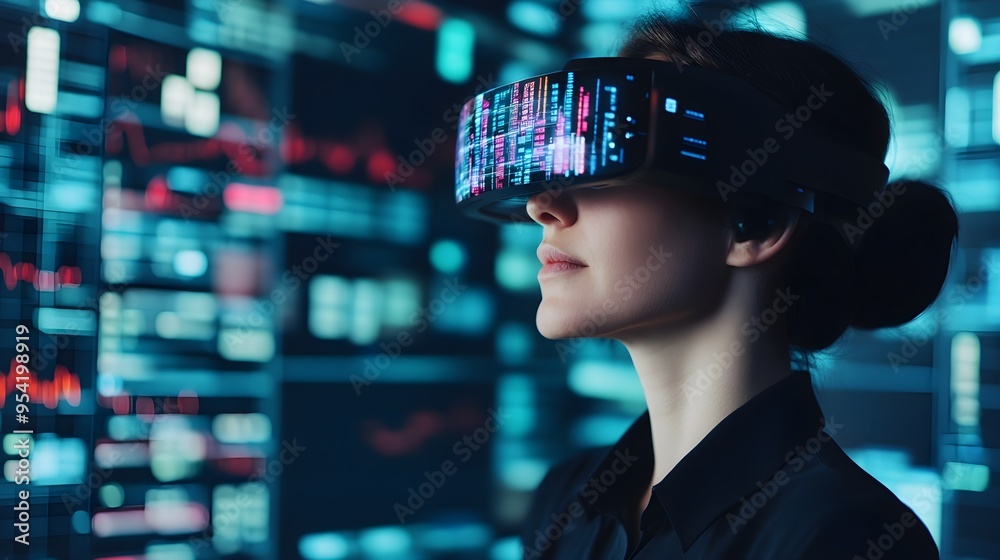 Woman Using VR Headset in Futuristic Environment Woman Using VR Headset in Futuristic Environment