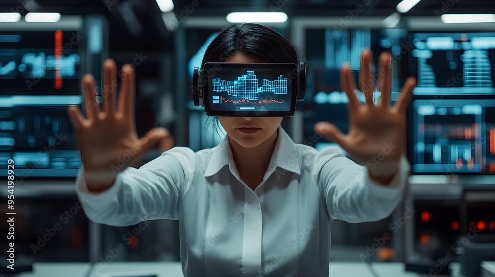 Woman Using VR Headset in Futuristic Tech Environment Woman Using VR Headset in Futuristic Tech Environment