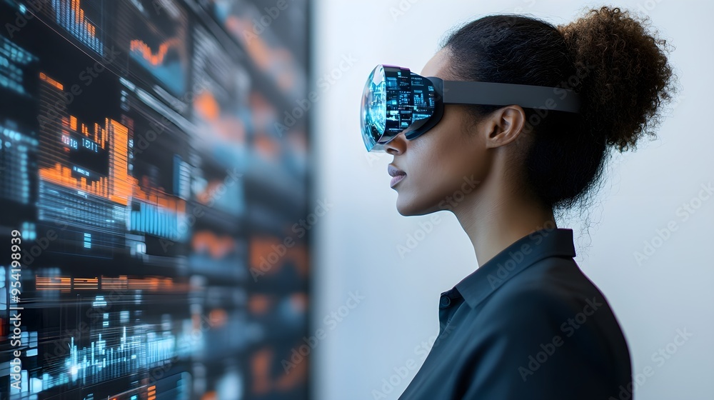 Woman Using VR Headset to Analyze Data Woman Using VR Headset to Analyze Data