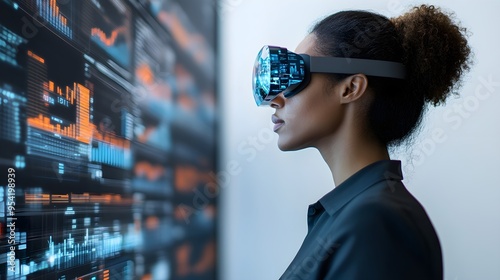 Woman Using VR Headset to Analyze Data