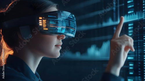 Woman Using VR Headset Interacting with Digital Data