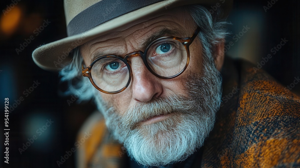 eccentric professor with wild gray beard and round glasses wearing a worn fedora and tweed jacket thoughtful expression in a dimly lit study eccentric professor with wild gray beard and round glasses wearing a worn fedora and tweed jacket thoughtful expression in a dimly lit study