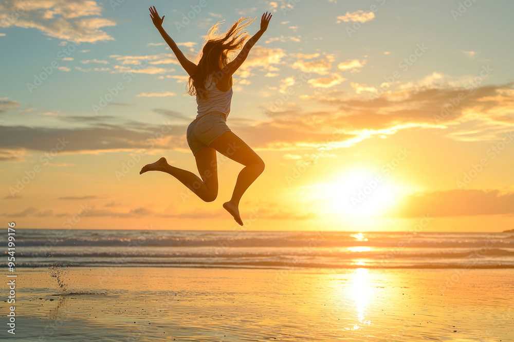 A woman takes a leap on a beach while the sun sets in the background. A woman takes a leap on a beach while the sun sets in the background.