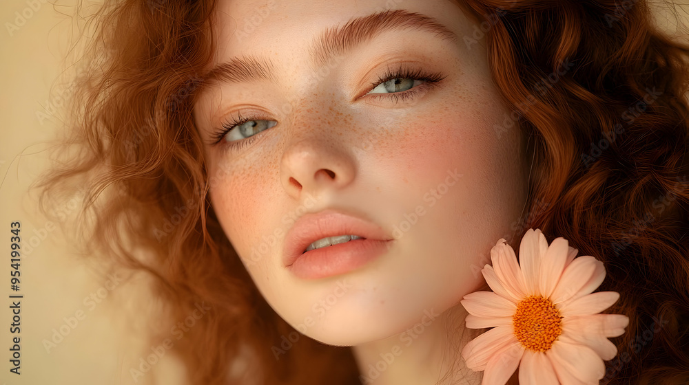 Close-up portrait of a young woman with red curly hair and freckles, a pink flower behind her ear. Close-up portrait of a young woman with red curly hair and freckles, a pink flower behind her ear.