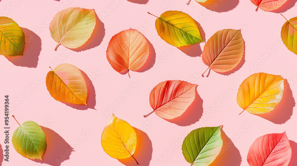 colorful fall leaves dipped in gold, each with a shadow, arranged on a soft pink background, captured from above in minimalist style photography colorful fall leaves dipped in gold, each with a shadow, arranged on a soft pink background, captured from above in minimalist style photography