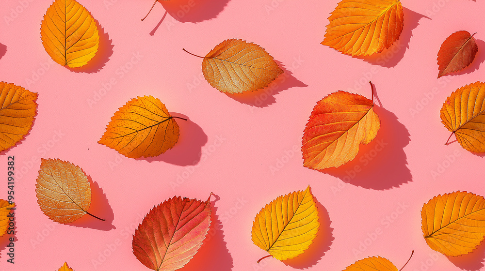 Obraz premium colorful fall leaves dipped in gold, each with a shadow, arranged on a soft pink background, captured from above in minimalist style photography