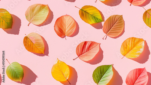 colorful fall leaves dipped in gold, each with a shadow, arranged on a soft pink background, captured from above in minimalist style photography