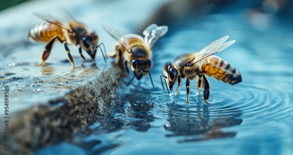 A close-up of bees quenching their thirst at the edge of an outdoor pool, with macro photography capturing the details of their wings and the water droplets A close-up of bees quenching their thirst at the edge of an outdoor pool, with macro photography capturing the details of their wings and the water droplets