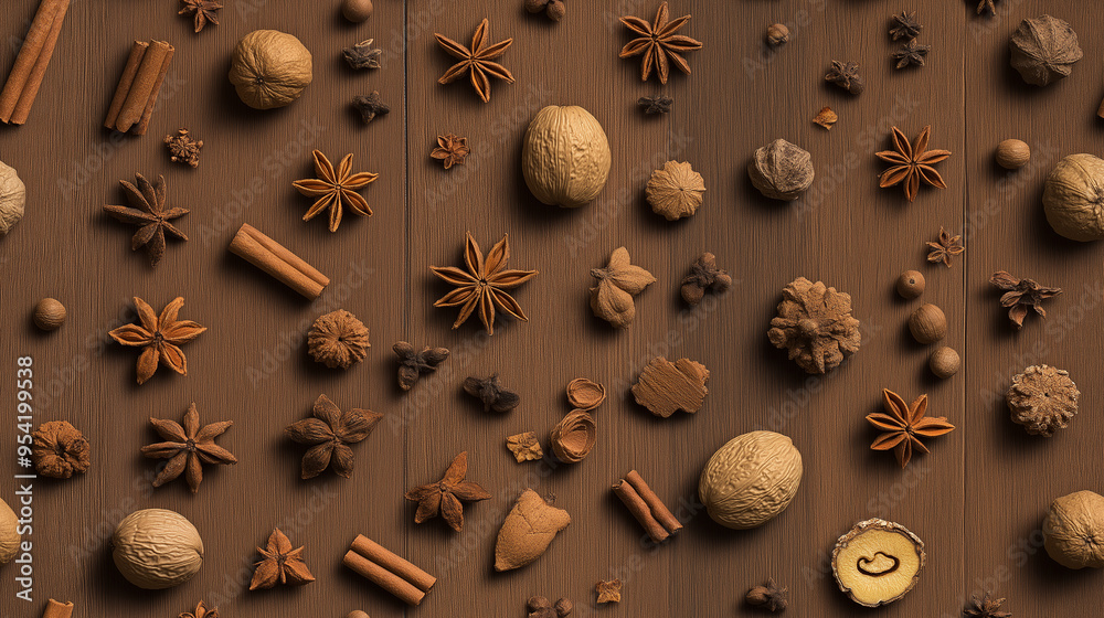fall spices like nutmeg, cinnamon, and clove, each with a shadow, arranged on a rustic wood background, captured from above in minimalist style fall spices like nutmeg, cinnamon, and clove, each with a shadow, arranged on a rustic wood background, captured from above in minimalist style