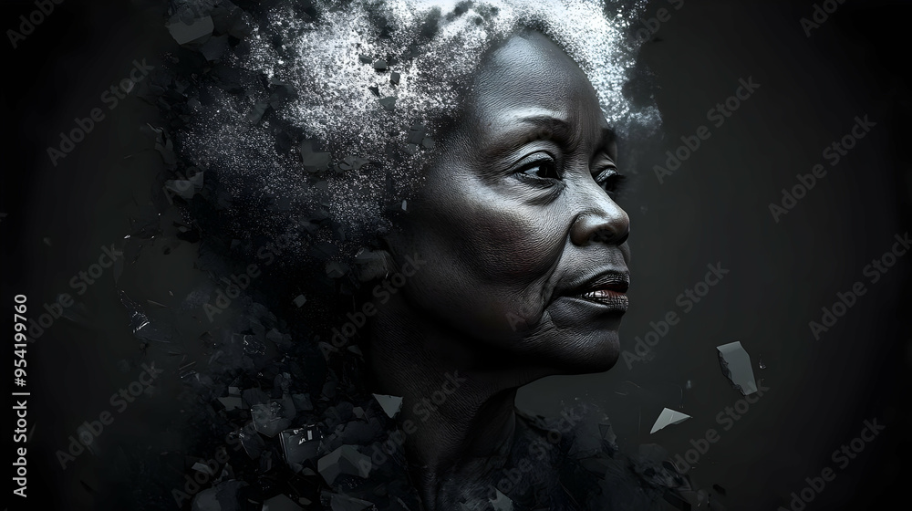 Close-up portrait of an older woman with silver hair, looking to the side, against a dark background with abstract shapes.