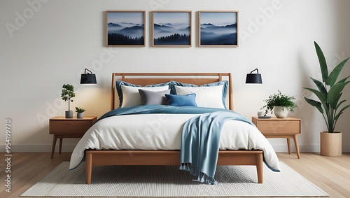 Create a serene and modern bedroom design featuring a wooden bed frame with crisp white bedding