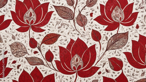 Wallpaper Mural Traditional Indian style lotus flower in white and red with leaves. Torontodigital.ca