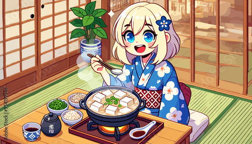 The concept of the image of Yudofu, the first hot tofu served in Japan. Vector illustration.