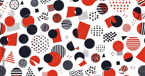 A vibrant pattern featuring various geometric shapes in red, black, and white.