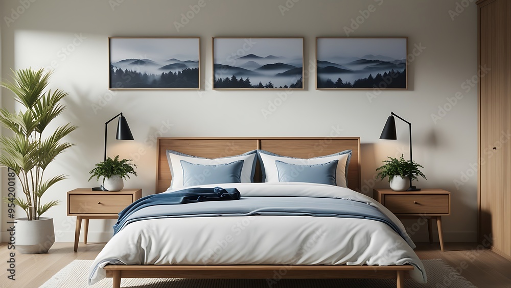 Create a serene and modern bedroom design featuring a wooden bed frame with crisp white bedding Create a serene and modern bedroom design featuring a wooden bed frame with crisp white bedding