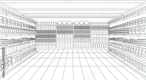 Perspective view of supermarket or store grocery aisle line art. Retail shop inside with shelves row full of goods background, racks of mart interior with product display vector illustration cartoon