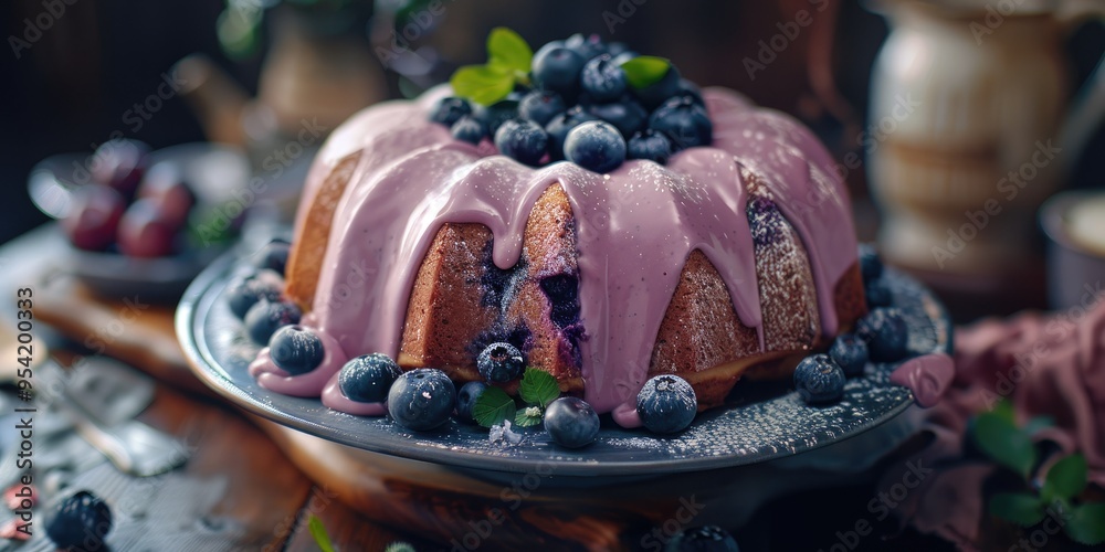 Blueberry bundt cake with frosting presented on a platter Blueberry bundt cake with frosting presented on a platter