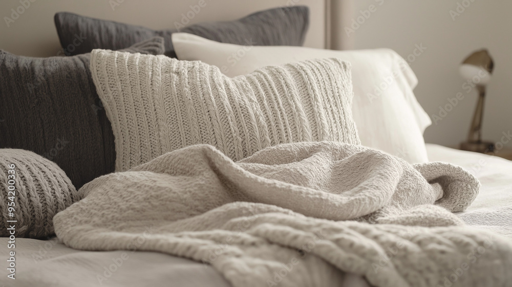 a casual yet sophisticated arrangement of clothing, featuring a cozy sweater, casually draped over a bed with textured linen sheets