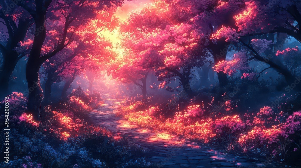 enchanted woodland scene in anime style lush foliage with magical glow whimsical creatures peeking from behind trees dreamy pastel color palette enchanted woodland scene in anime style lush foliage with magical glow whimsical creatures peeking from behind trees dreamy pastel color palette