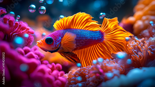 Colorful Betta Fish Swimming Near Coral Reef. photo