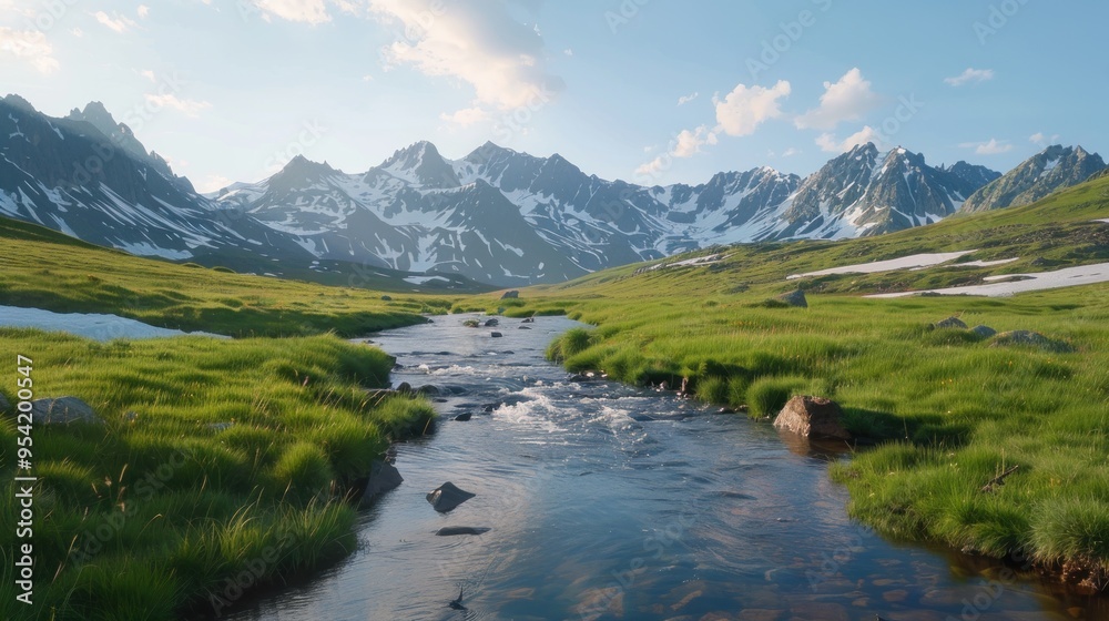 Mountain Stream Flowing Through Lush Green Meadow Mountain Stream Flowing Through Lush Green Meadow