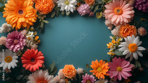 Colorful Flower Frame Around Teal Background.