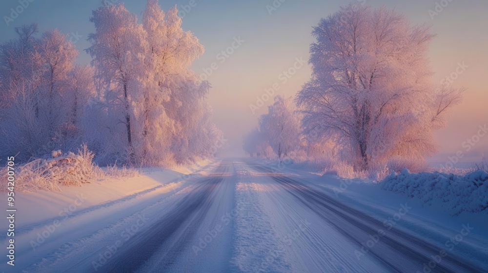 Frost-covered roads at dawn, with soft light illuminating the frosty trees and snow-covered ground, creating a serene winter atmosphere, Serene, Cool Tones, Wide Angle Frost-covered roads at dawn, with soft light illuminating the frosty trees and snow-covered ground, creating a serene winter atmosphere, Serene, Cool Tones, Wide Angle
