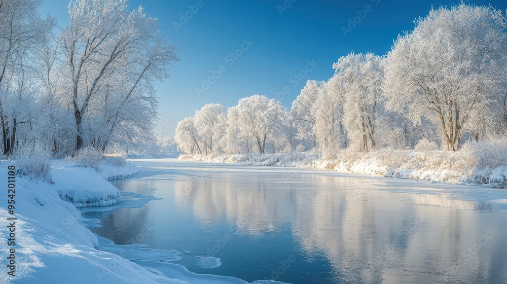Frozen riverbank with snow-covered trees and a clear winter sky, creating a serene winter landscape, Serene, Cool Tones, Wide Angle