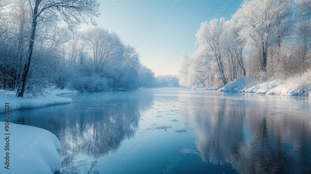 Frozen riverbank with snow-covered trees and a clear winter sky, creating a serene winter landscape, Serene, Cool Tones, Wide Angle Frozen riverbank with snow-covered trees and a clear winter sky, creating a serene winter landscape, Serene, Cool Tones, Wide Angle