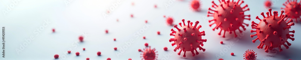 Red monkeypox MPOX virus, coronavirus COVID-19, flu or other viruses on white light grey background macro microscopic view banner. Virology, microbiology, outbreak, epidemic, pandemic concept.