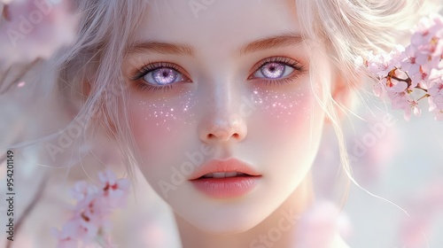 ethereal anime portrait of a woman with flowing iridescent hair eyes like galaxies delicate features soft pastel background with floating cherry blossoms