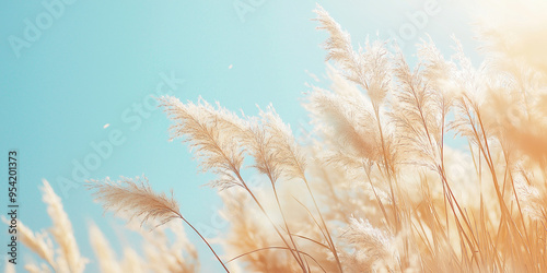 Pampas grass sways gently in the wind under a clear blue sky, creating a serene and picturesque natural scene.
