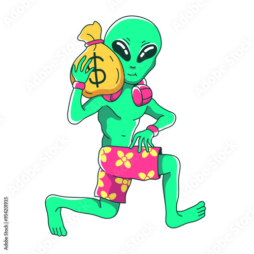 Alien carrying sack of stolen money cartoon illustration.concept of aliens invading earth on white background