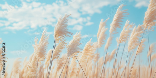 Pampas grass sways gently in the wind under a clear blue sky, creating a serene and picturesque natural scene.