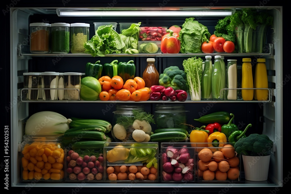 Open fridge full of vegetables and fruits and berries Open fridge full of vegetables and fruits and berries