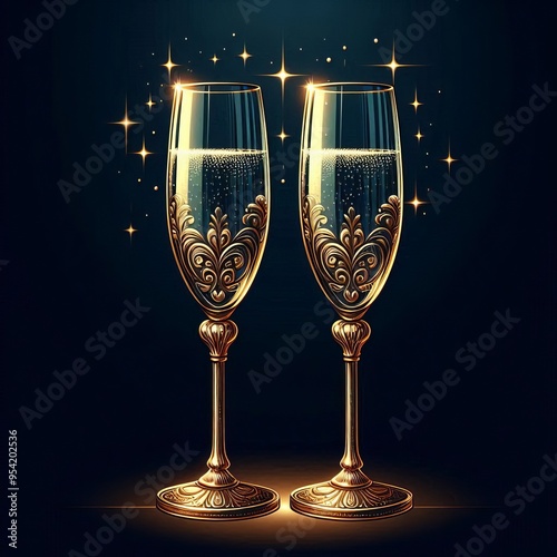 Two gold-rimmed champagne glasses on a black background, perfect for celebrating new year celebration or special occasions photo