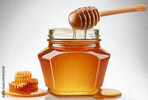 A jar of golden honey with a wooden honey dipper resting on top, with a small honeycomb, amber tones, isolated on a white background photo