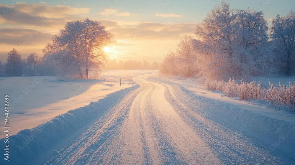 Snow-covered roads at dawn, with the sun casting a warm glow on the frosty landscape, creating a serene winter scene, Serene, Warm Tones, Wide Shot Snow-covered roads at dawn, with the sun casting a warm glow on the frosty landscape, creating a serene winter scene, Serene, Warm Tones, Wide Shot