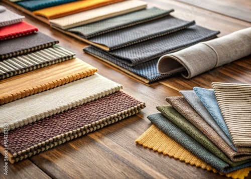 Realistic fabric swatches in various textures and colors, intricately arranged on a wooden desk, evoking a sense of photo