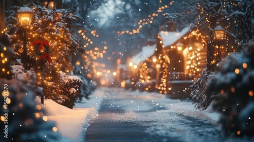 Winter evening in the village, with snow-covered streets, glowing streetlights, and holiday decorations, Festive, Warm Glow, Atmospheric