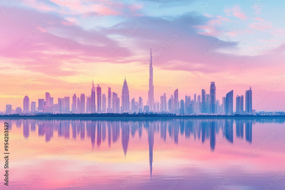 Panoramic Dubai skyline with Reflection in Pastel Sunset colors , ai Panoramic Dubai skyline with Reflection in Pastel Sunset colors , ai