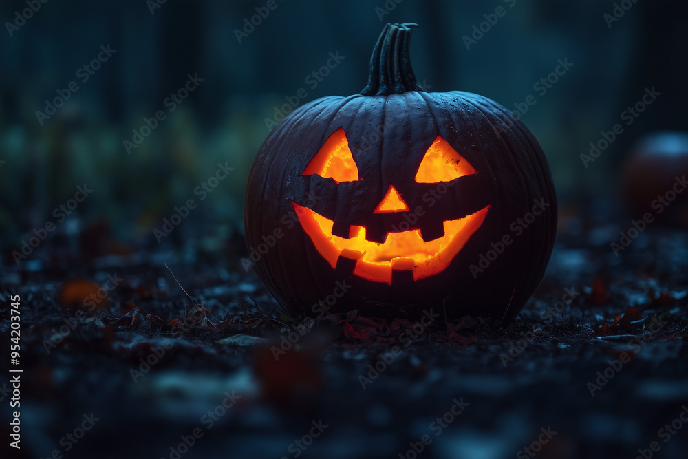 Halloween Jack-O-Lantern Pumpkins with Light Sitting Outside Halloween Jack-O-Lantern Pumpkins with Light Sitting Outside