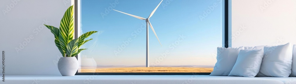 A living room with a large window view of a wind farm, showcasing the integration of clean energy into daily life A living room with a large window view of a wind farm, showcasing the integration of clean energy into daily life