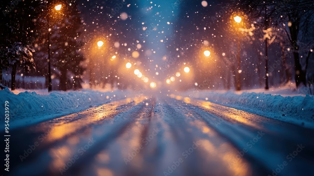 Winter roads at twilight, with streetlights casting a warm glow on the snow-covered ground, creating a magical winter scene, Serene, Warm Glow, Atmospheric Winter roads at twilight, with streetlights casting a warm glow on the snow-covered ground, creating a magical winter scene, Serene, Warm Glow, Atmospheric