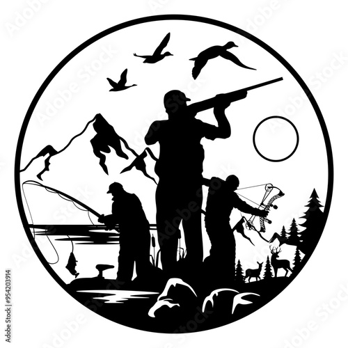 Hunting Season | Hunting Scene | Three Hunters | Bow & Arrow | Hunter with Rifle | Hunting Animals | Wildlife | Hunter Dad | Original Illustration | Vector and Clipart | Cutfile and Stencil