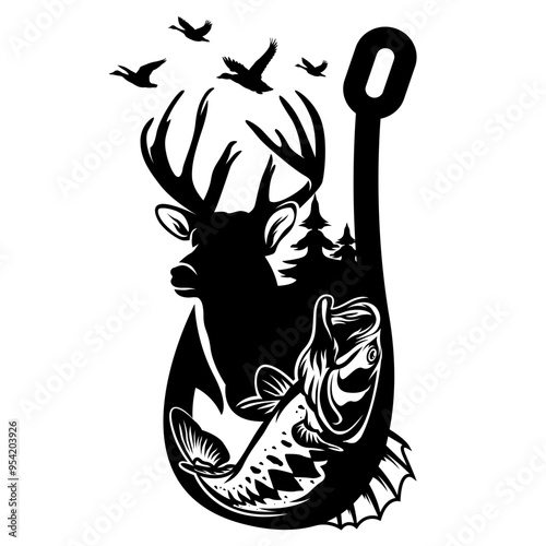 Hunting Scene | Fish Hook | Hunting Season | Outdoor Hunting | Hunter Dad | Fishing | Wildlife | Hunting Animals | Original Illustration | Vector and Clipart | Cutfile and Stencil