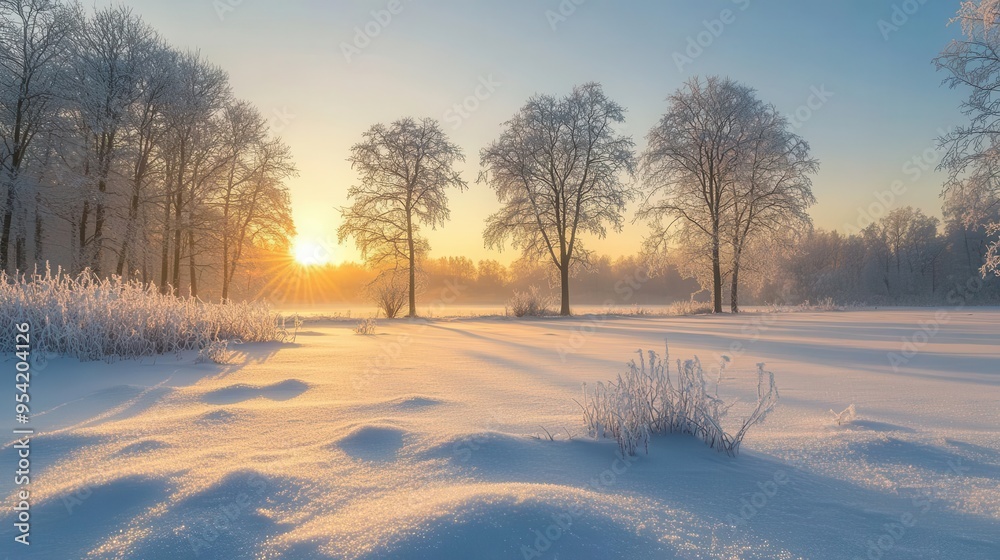 Winter sunrise over the frozen landscape Winter sunrise over the frozen landscape